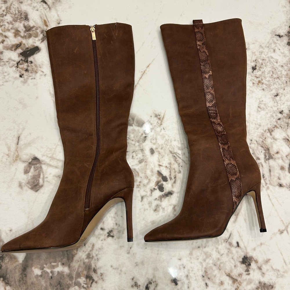 NY Collection Brown Suede Pointed Toe Knee High Stiletto Boots Zip 8.5 - Picture 13 of 14